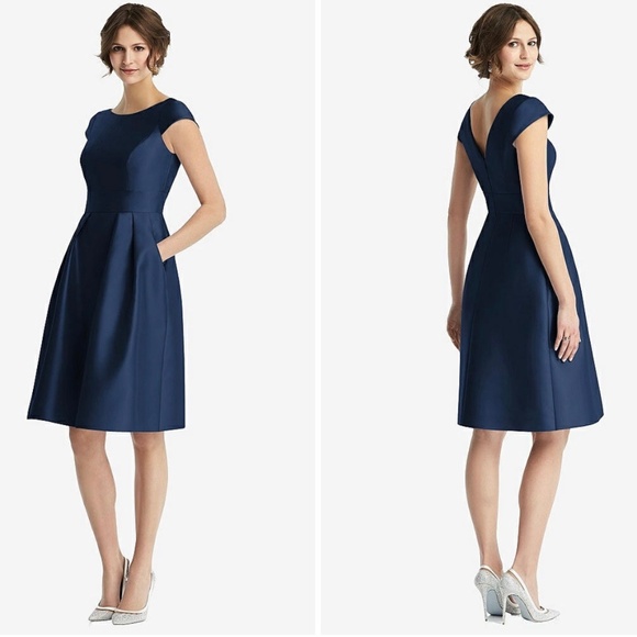 Alfred Sung Cap Sleeve Pleated Cocktail Dress With Pockets  Navy Size 14 - Picture 1 of 10